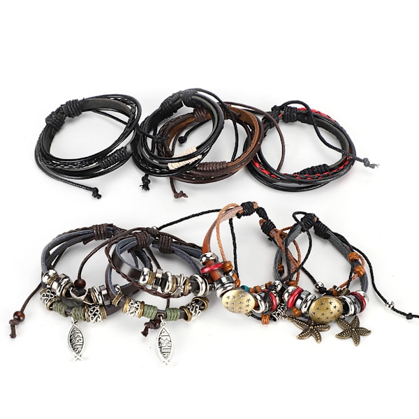8 st läderarmband handvävda herr, flerlagers flätade retro punksmycken