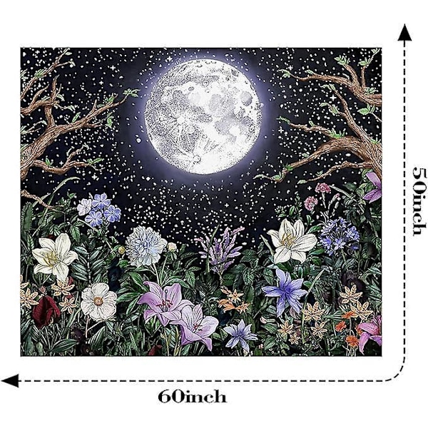 Estetisk Månträdgård Gobeläng Väggbonad, Nattscen med Färgglada Växter och Blommor Gobeläng för Sovrum Heminredning 130cm×150cm (50\"B × 60\"L)