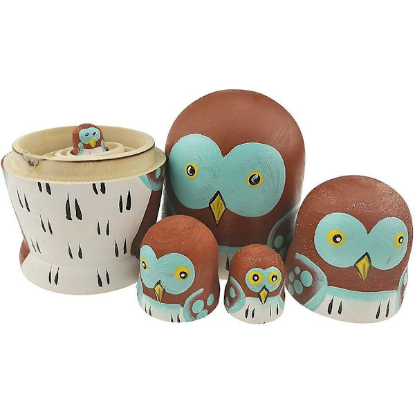 Bedårande Cartoon Wise Owl Nesting Dolls - Set med 5 | Handgjord staplingsleksak i trä | Barnleksakspresenter och ugglaprydnader