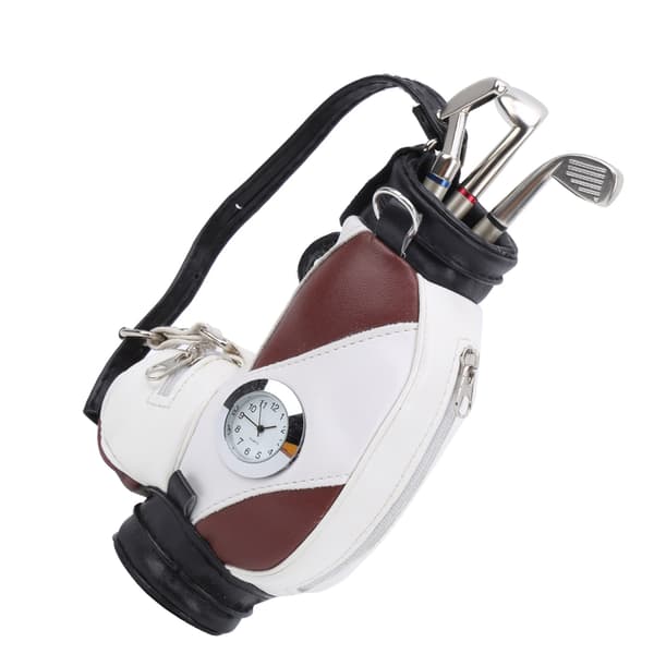 Mini Skrivbords Golfbag Pennklocka Zinklegering PU Läder med Golfpennor Souvenirset Present Brun Vit