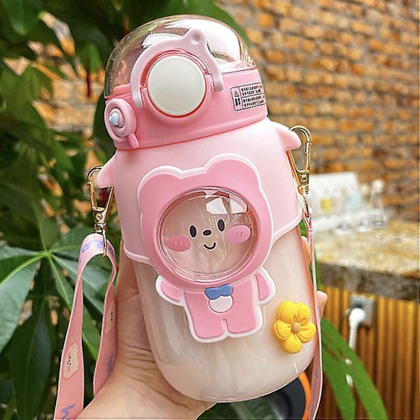 Kawaii Björn Vattenflaska, 720ml Söt Drickflaska med Sugrör, Plast Vattenflaska (Rosa)