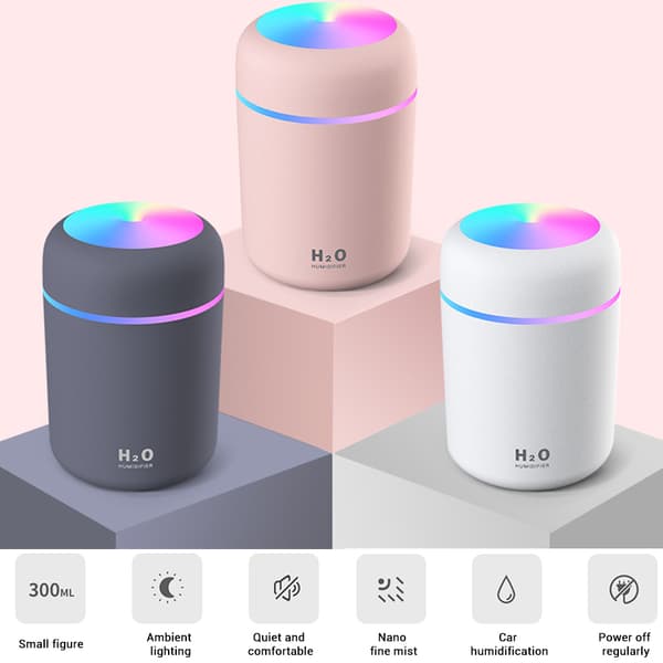 300ML Mini USB Luftfukter med Nattlys Tåkeluftfukter for Rom Kontorbord