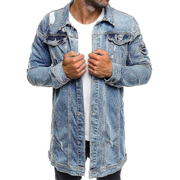 Stylish Men's Long Denim Jacket with Distressed Design and Pockets XL Light Blue