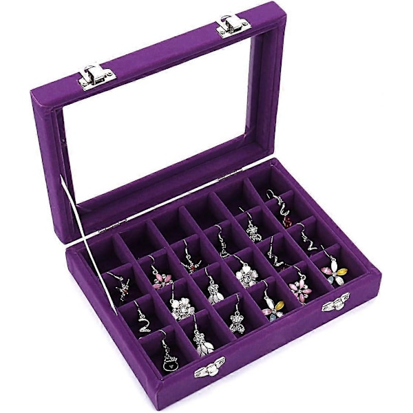 Velvet Glas Smykker Ring Display Organizer Boks Bakke Holder Øreringe Opbevaringsetui (Lilla)
