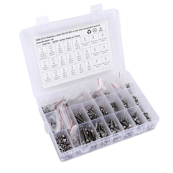 1080 stk/sett M2 M3 M4 Skrue Mutter Pakning Kit Rustfritt Stål Hex Socket Hode Cap Feste Assortert for Biler Lastebiler Skip
