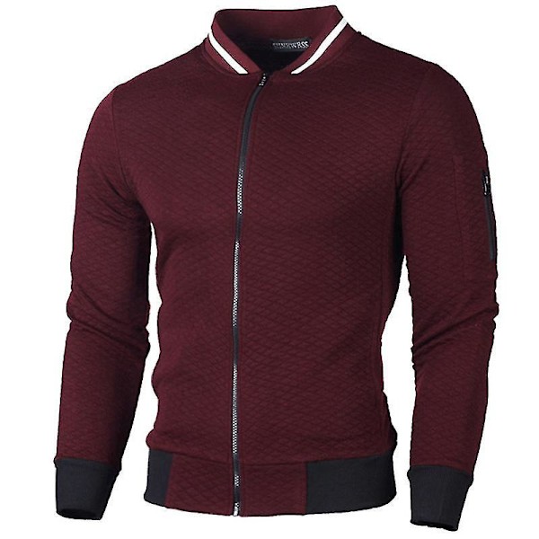 Grid Pattern Zip-Up Men's Cardigan Coat - Wine Red