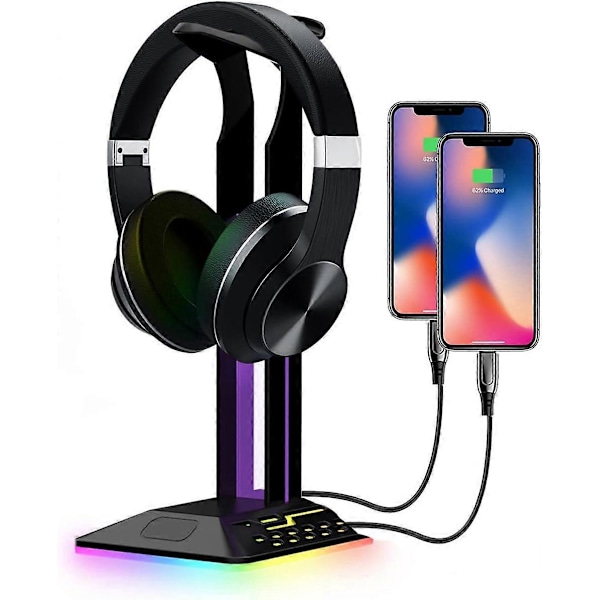 RGB Headset-stativ, Spilltilbehør, Headset-stativ med 2 USB-porter og 1 Type C-port, Kult LED Headset-stativ for PC-spillere, Headset-tilbehør for