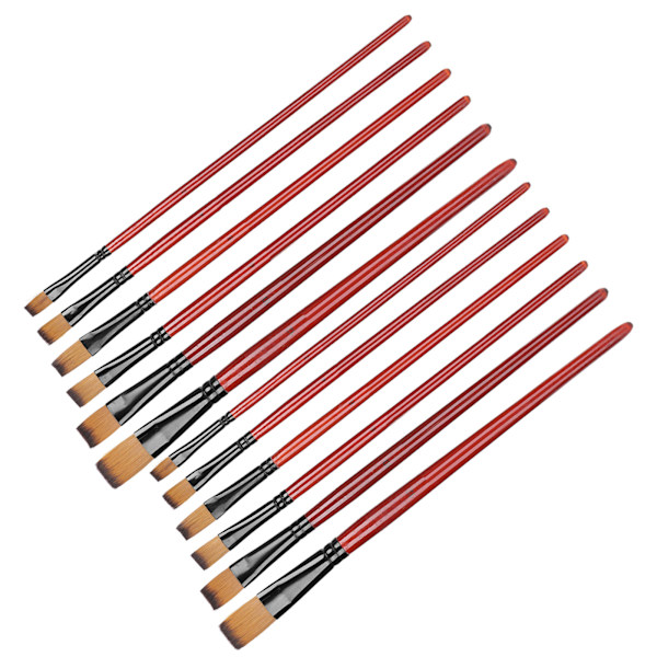 12 stk malepensel i nylon med to-farget brunt skaft for akvarell, akryl og gouache