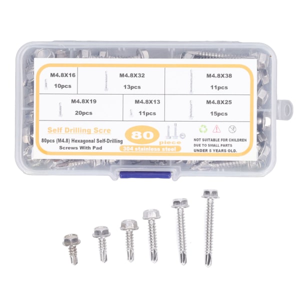 80 stk. sekskant skruehoved selvborende skrue sæt med opbevaringsboks rustfrit stål korrosionsbestandighed skrue sæt M4.8