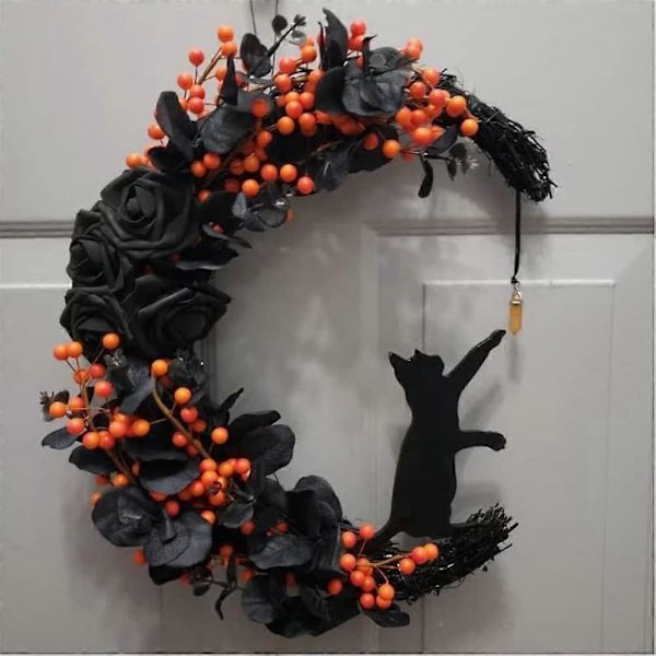Halloween Kuu Kissa Seppele Ruusulla, Halloween Seppele Etuoveen, Halloween Ovikoristeet, Musta Kissa Kuu