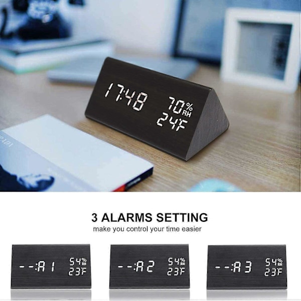 Digital väckarklocka, med elektronisk LED-tidsvisning i trä, 3 inställningar, fukt- och temperaturdetektering, elektriska klockor i trä för sovrum, svart