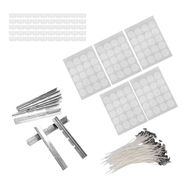 260stk 15cm stearinveker 100stk dobbeltsidig tape klistremerker 50stk stearinhylser 10stk rustfritt stål vekeholdere plast rund hvit