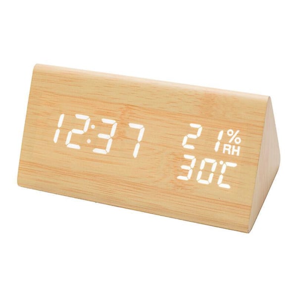 LED Elektronisk Väckarklocka i Trä, Digital Klocka med 3 Alarm Inställningar, USB-driven Digital Väckarklocka med Tid, Temperatur och Luftfuktighetsvisning, 12/24