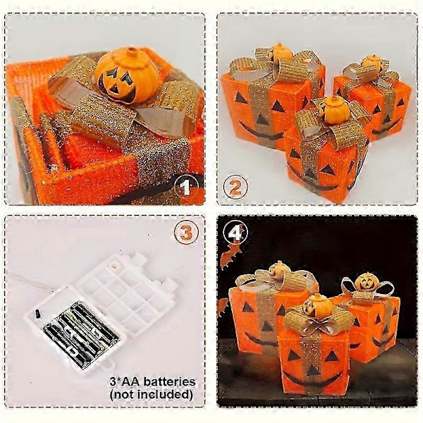3-pack Halloween Pumpa Ljus-upp Presentförpackning Set - Batteridriven, Inomhus/utomhus Dekor För Högtidsfester Hem Trädgårdsdekorationer - CHN