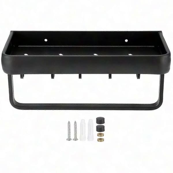 30 cm Wall Mounted Aluminum Bathroom Shelf with Towel Bar and 5 Hooks, Hollow Storage Shelf