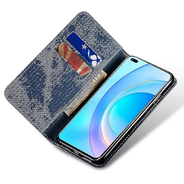 Kompatibelt Honor 90 Läder Flip Fodral Jeans Tyg Textur Plånbok Ställ Skydd - B17 Blå