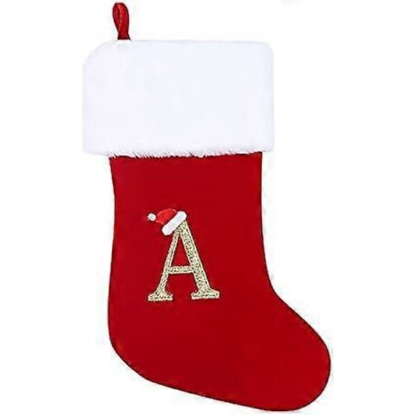 50 cm Monogram Julestrømper med Bogstaver, Rød Velour med Hvid Superblød Plysmanchet Broderede Julestrømper (A)