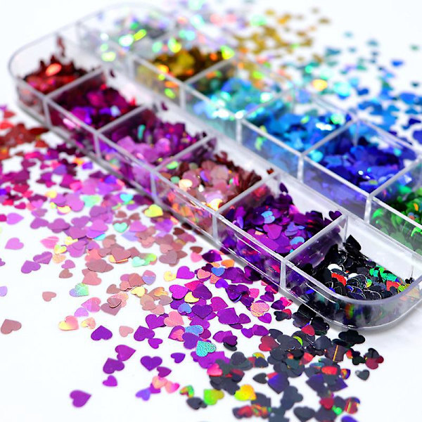 12 Färgade Holografiska Nagelkonst Glitterset med Fjäril Hjärta Stjärna och Lönnlöv Sekvenser för Kreativ Nageldesign