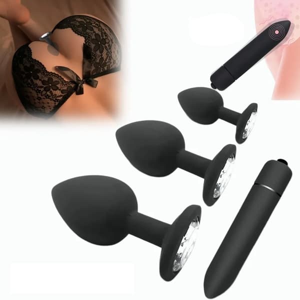 Analtapssæt Silikone 3 Størrelser med 10 Frekvens Vibrator Sort Mini Bærbart Analt Træningssæt