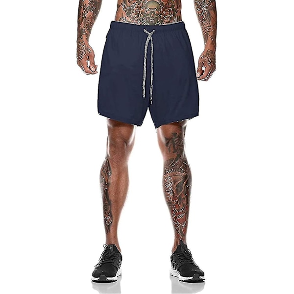 Kevyt 2-in-1 miesten juoksushortsi, nopeasti kuivuva kuntosaliharjoitteluun, tummansininen, 3XL