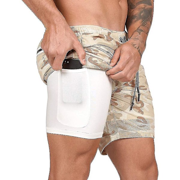 2-in-1 Miesten Kevyet Nopeasti Kuivuvat Juoksushortsi Camouflage Beige