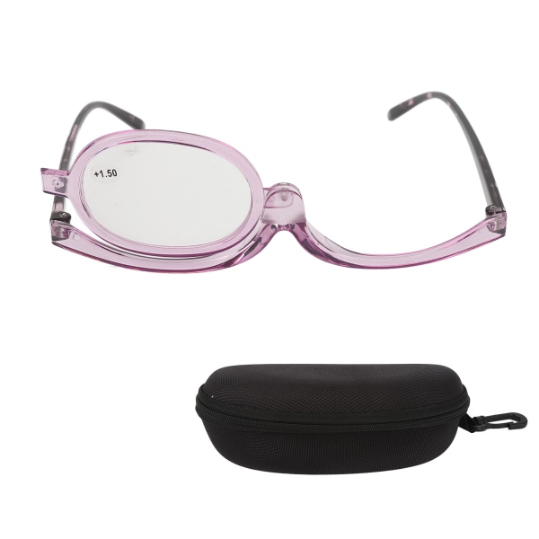 Single Len Makeup-briller Flip Down Gennemsigtigt lilla stel Roterende Forstørrelse Kosmetiske briller +1,50