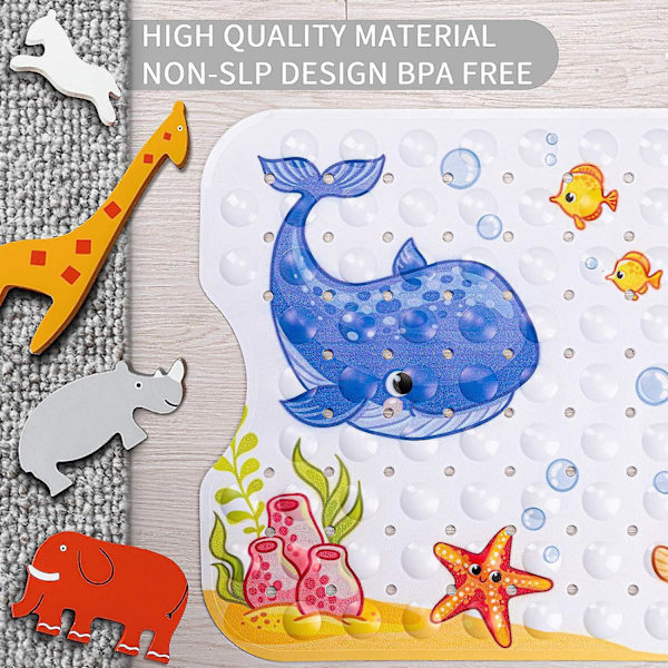 Halkfri tecknad baby med sugkopp och avloppshål - 40x100 cm extra lång duschmatta för barn och baby