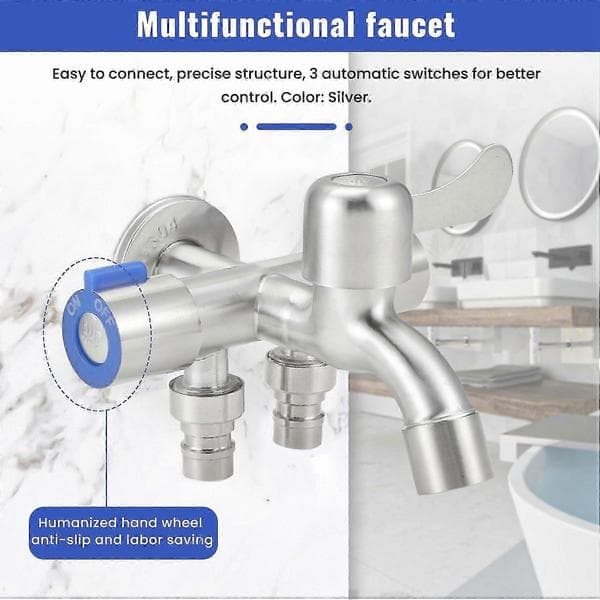 Sink with three-way stainless steel faucet, washing machine, two-way angle valve with tape Silver