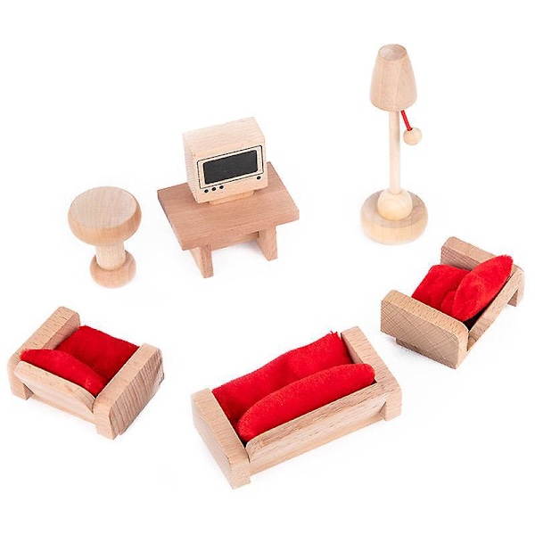 Trädockhusmöbler Set Vardagsrum Soffa TV-Skåp Kaffebord Miniatyr Dockhus Tillbehör