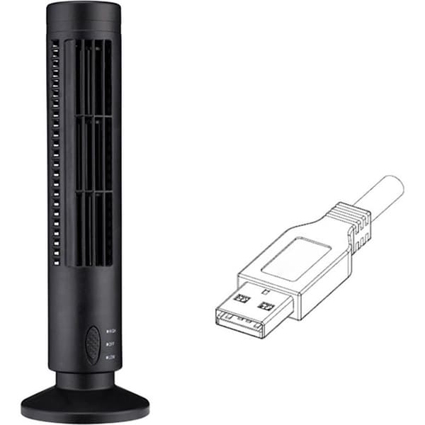 Mini USB Bladeless Tower Fan, 2 hastigheder og tilstande, piedestalventilator til soveværelse, stue, kontor, hjem, sort