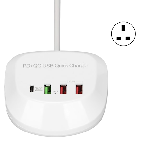 T3P USB-plugg multiportlader multifunksjonell 4-porters PD QC3.0 USB-laderhub 100-240VUK-plugg