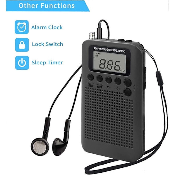 Bærbar Radio Mini Radio Lommeformat FM/AM Digital DSP Personlig Radio med Høyttaler Vekkerklokke & Timer, Håndholdt Radio med Øretelefoner, Støtter Repla