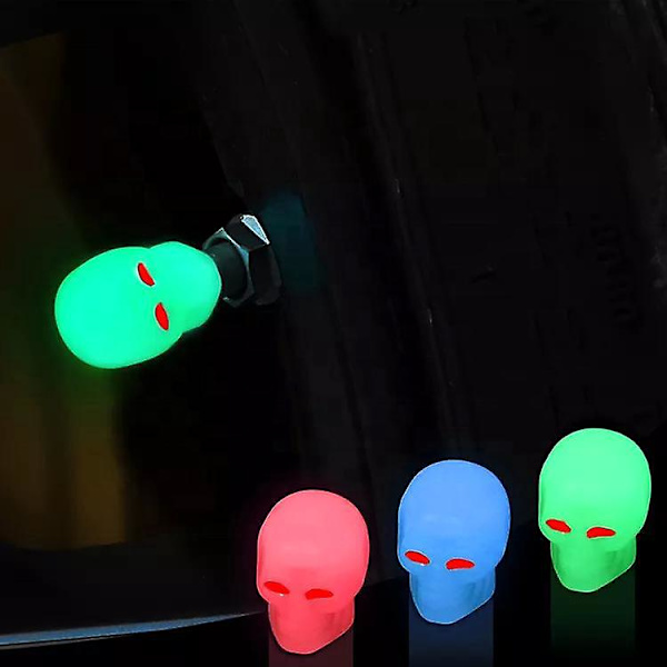 4 Pak Glødende Hodeskalle Dækventilhætter Fluorescerende Universelle Dæksler til Biler Lastbiler Motorcykler Cykler