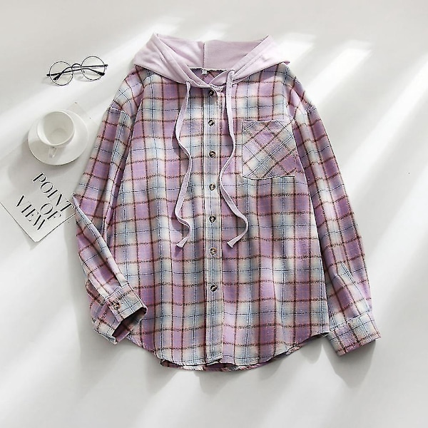 Kvinners Casual Plaid Hoodie Skjorte Løs Lang Ermet Knapp Bluse M Himmelblå