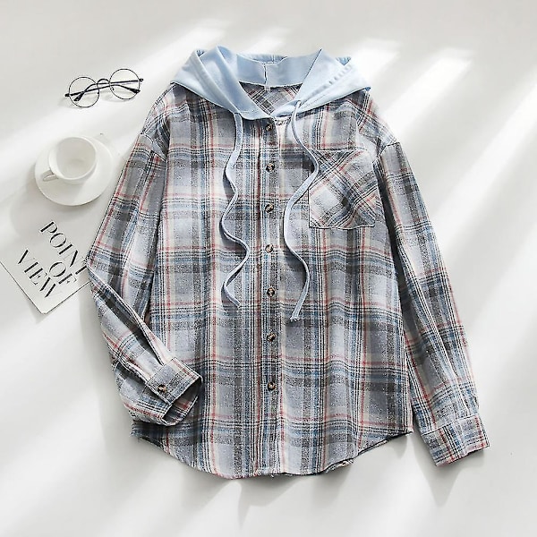 Kvinners Casual Plaid Hoodie Skjorte Løs Lang Ermet Knapp Bluse M Himmelblå