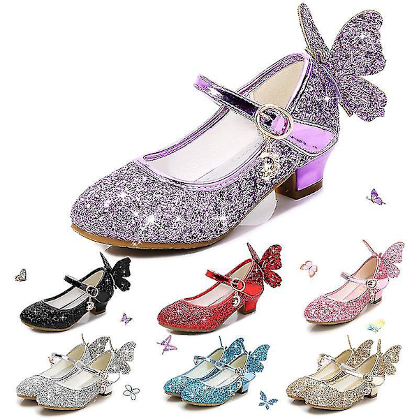 Princess Glitter High Heel Girls Shoes - Kids Leather Butterfly Theme34 Blue