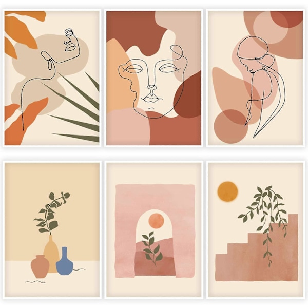 6 Pak Abstrakt Linjekunst Plakat Minimalistisk Vægkunst Prints Vandtæt Kvindeansigt Tegning Moderne Æstetisk Rumindretning til Piger Kvinder Hjem Soveværelse Coll