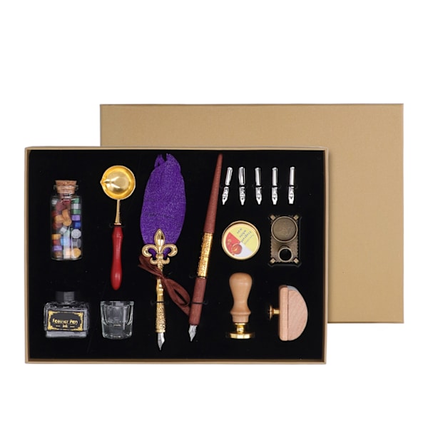 Fjäder Pen Set Retro Utsökt Quill Pen Spets Smältvax Sked Bas Bläck Stämpel Kalligrafi Pen Quill Pen Kit Lila
