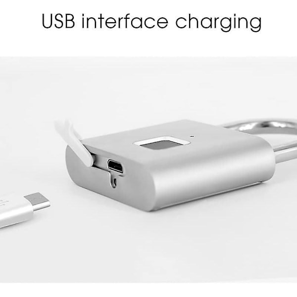 Fingeravtryckslås, Fingeravtryckshänglås, USB-laddning, Biometriskt, Högsäkerhetslås för Gym, Bagage, Skåp (Silver)