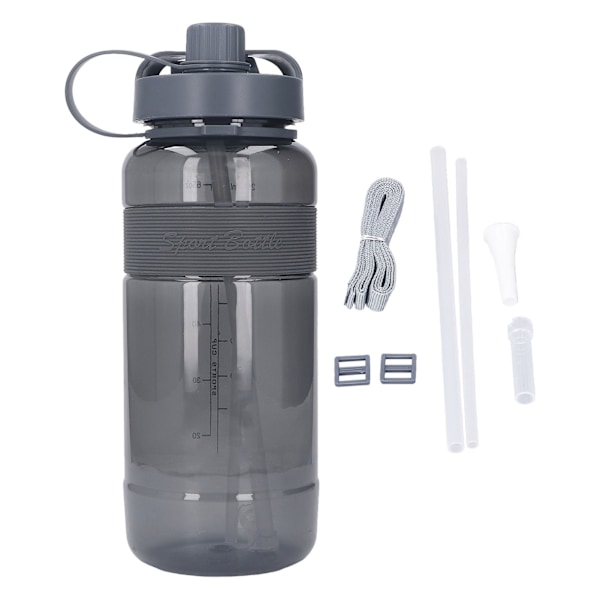 2000 ml sportflaska med pip och sugrör Stor kapacitet Bärbar utomhusvattenflaska med bärrem Grå