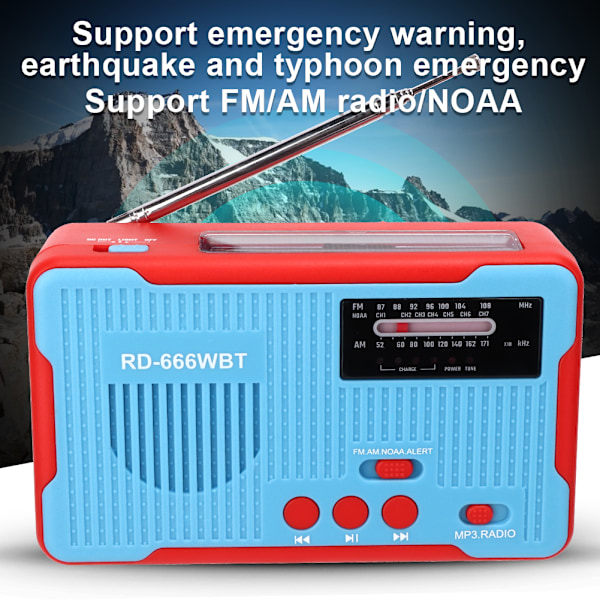 RD-666WBT Bærbar solcelledrevet nødveiv AM FM-radio med LED-lommelykt Blå