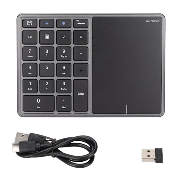 Trådløst numerisk tastatur 2.4G ergonomisk 7.5 graders vinkel 10m modtagelse Type C-port 22 taster numerisk tastatur med touchpad grå