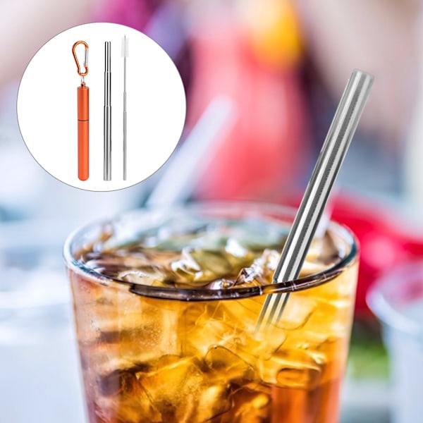 Bärbar rostfritt stål hopfällbart sugrör återanvändbart sugrör rengöringsborste kit för picknick orange