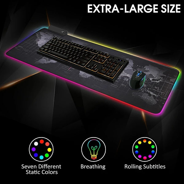 Svart 80x30cm gamingmusmatta med LED-ljus