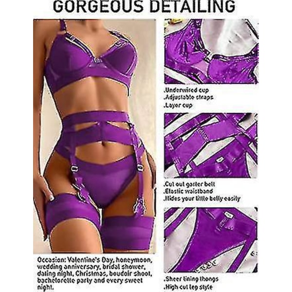 Violetti olkaimet alusvaatesetti, jossa sukkanauha, rintaliivit, alushousut ja reisimansetit - XL