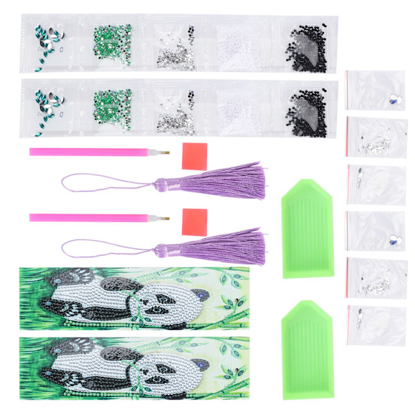 2 Set Diamond Bokmärken 5D DIY Målning Kristall Fancy Form Rund Hängande Hantverk Panda Mönster