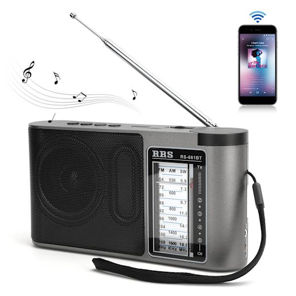 Bærbar Bluetooth 4.0 radiomottaker med flere bånd og manuell innstilling med teleskopantenne, grå