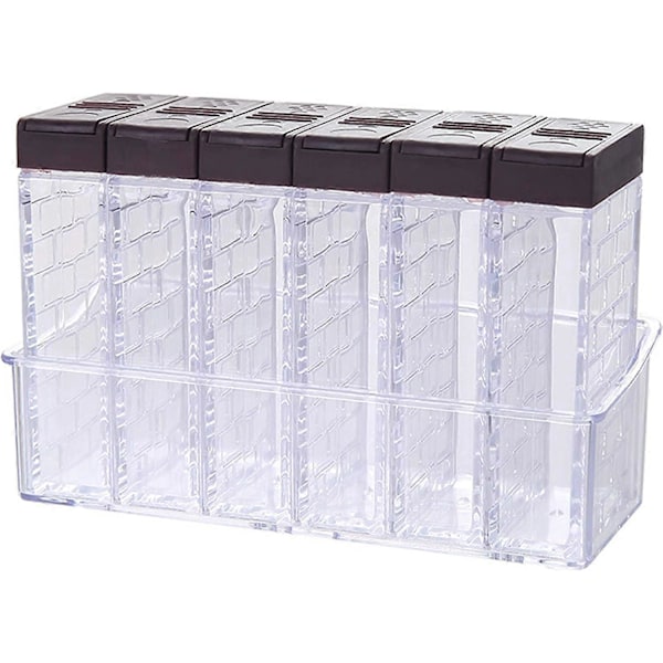 6 Krydderkrukker, Transparent Krydderstrøer i Plast, Krydderboks, Krydderflaske med Brett, Sett med 6 Krydderbeholdere for Kjøkken BBQ