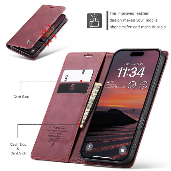CASEME 013 Series PU Læder Pung Etui med Stativ til iPhone 17 Pro Max (Rød, Rød)
