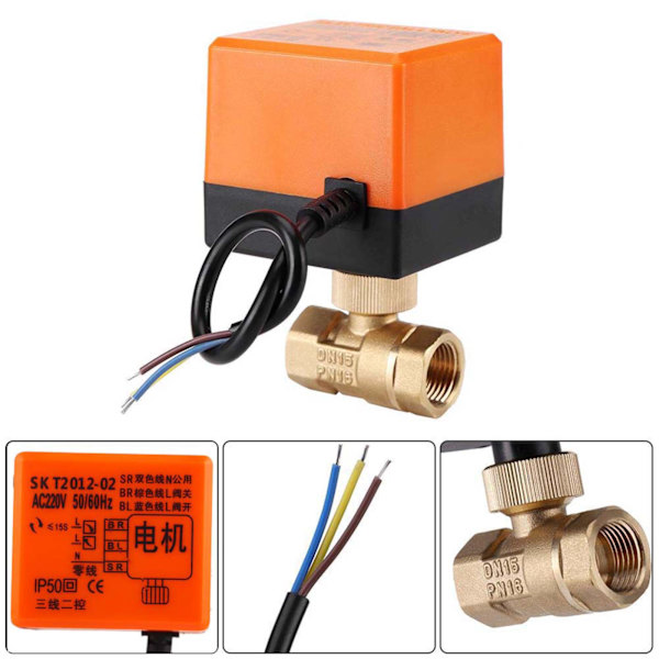 AC 220V messing elektrisk motorisert kuleventil 2-veis 3-leder 1,6Mpa gjenger DN15
